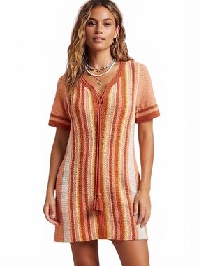 Free People Lollipop Knit Mini Dress Sunset Combo Orange Striped Boho Size Med.